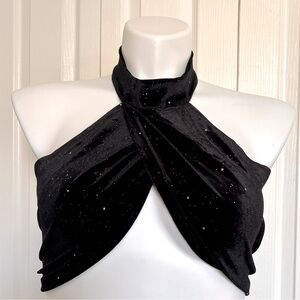 Halter Crop Glitter Black Velvet Top